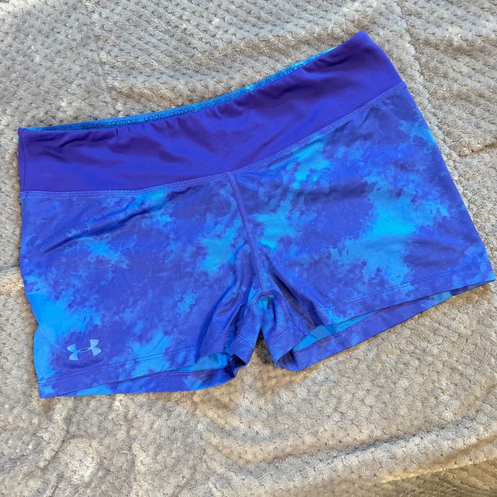 Under Armour HeatGear Womens Large Blue Purple Tie Dye Compression Shorts Fitted